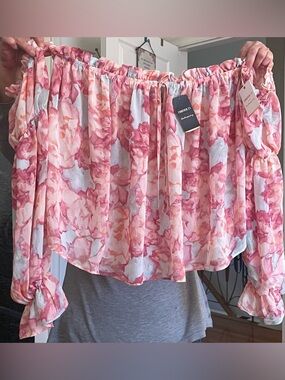 Pastel Pink and Mint Green Floral Off-Shoulder Satin Top